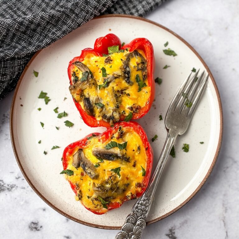 Breakfast Stuffed Bell Peppers with Turkey Sausage, Mushrooms, Spinach, and Cheddar Recipe