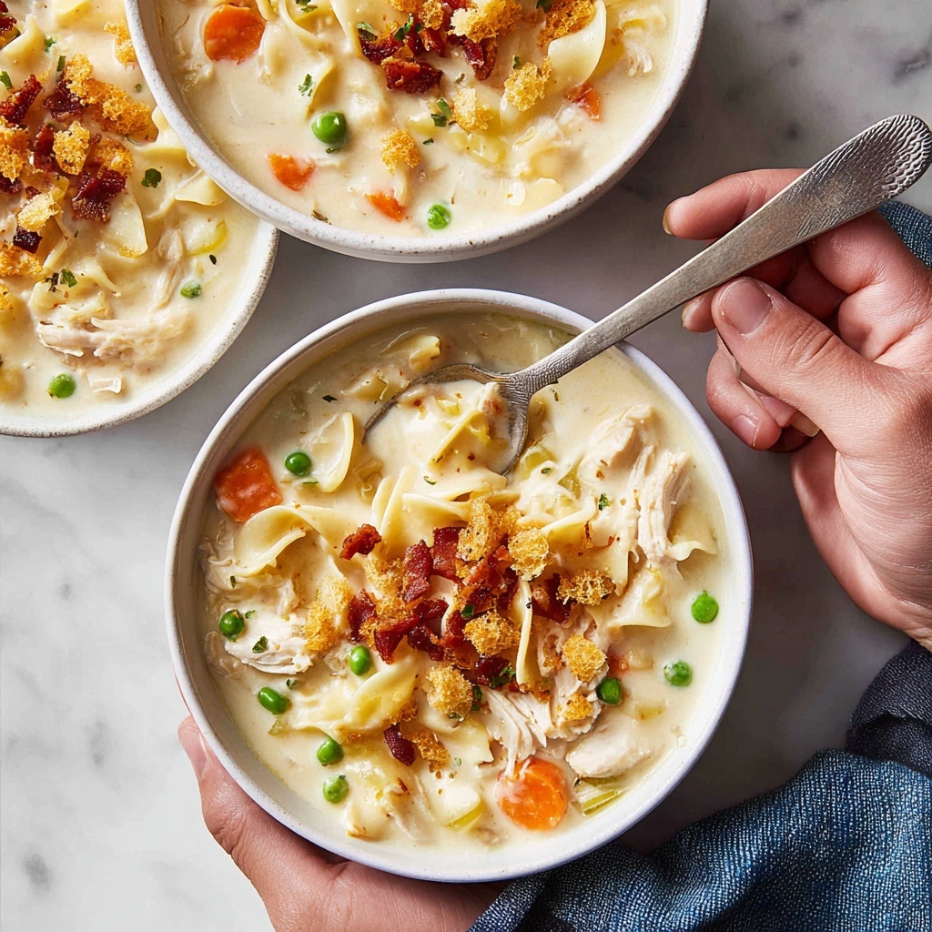 Creamy Chicken Noodle Soup with Mini Croutons and Crispy Bacon Recipe - Recipe Image